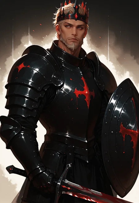 1boy, weapon, male focus, black armor, shield, sword, facial hair, blonde hair, solo, beard, blood, gauntlets, holding weapon, headband_crown, hair slicked back, 
Targaryen_crest, manly, short hair, red_trim, platinum blonde hair, masterwork, masterpiece, best quality, , dynamic pose,,  dynamic angle, , , (realistic:1.2), (lineless:1.2), detailed, <lora:Detailer_NoobAI_Incrs_v1:0.75>, , aged up, adult, depth of field, , blurry, cheekbones, dynamic lighting