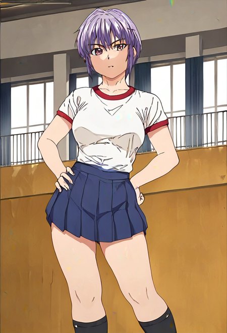 score_9, score_8_up, score_7_up, score_6_up, score_5_up, anime screencap, anime coloring, retro artstyle, uncensored
Takamine, 1girl, purple hair, short hair, purple eyes, white shirt, black socks, standing, pleated skirt, blue skirt, white footwear, shoes, breasts
indoors, gymnasium, detailed background
looking at viewer, serious expression, hands on hip