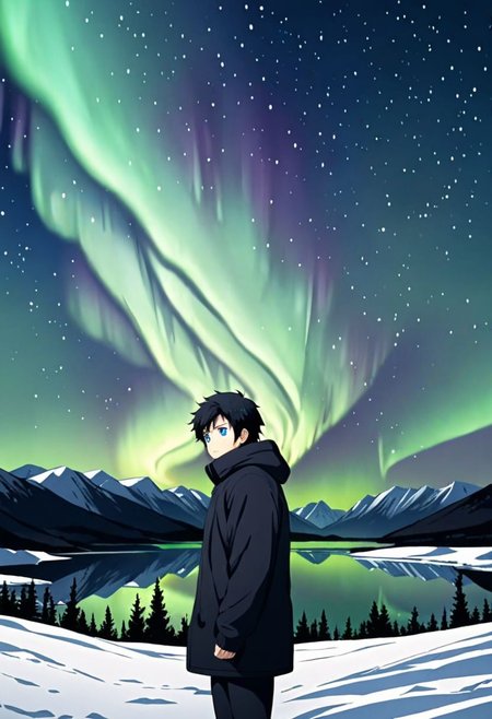 high resolution, solo, best quality, 1Boy, Arata Kaizaki, Black Hair, Blue Eyes, winter, Northern Lights, Stargazing, OverallDetail