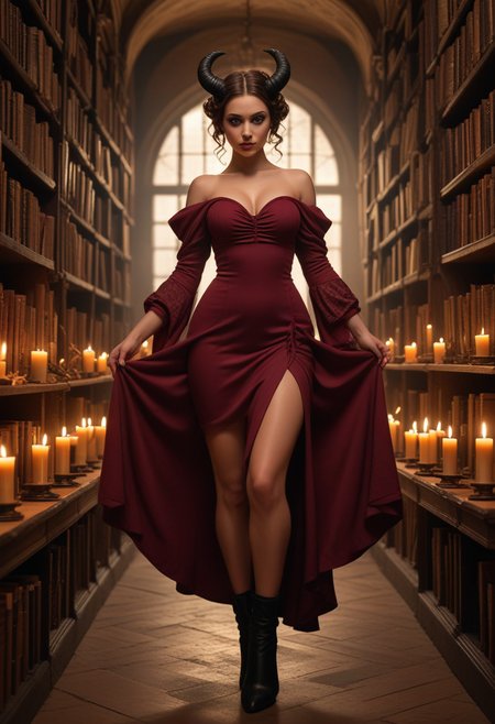 (medium full shot) of  (angelic demon) young woman, (Sleek obsidian horns curling sharply), arabian, green eyes, tan skin, curvy, tan skin, glowing red eyes, Medium, extra long hazel double buns hair,  wearing Elegant burgundy gown with off-the-shoulder sleeves, patterned stockings, high-heeled boots,  set in  Library of Lost Souls, Shadowy labyrinth of towering bookshelves, ancient tomes bound in human skin, flickering candles illuminating dusty manuscripts, whispered secrets echoing through the aisles, the scent of decaying parchment lingering in the air , at sunset, surprised, open mouth, running toward the viewer, Masterpiece,best quality, photorealistic, amazing quality, very aesthetic, extremely detailed face,