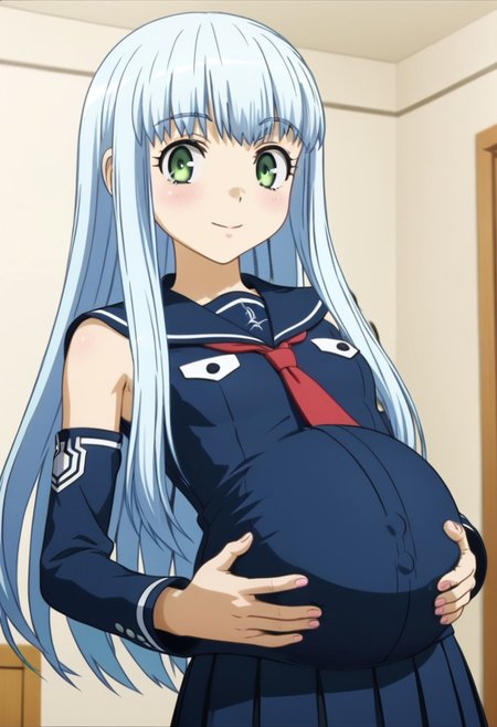best quality, masterpiece, 4k, perfect lighting, very aesthetic, anime, anime coloring, official art, (anime screencap:1.5), (bedroom:1.5), happy, smile, (hands on belly:1.5)
(large pregnant belly:1.1), 
ng_deepnegative_v1_75t,
<lora:iona.pony:1.5>, iona, small chest, detached sleeves, armpit, (blue school uniform:1.1), blue clothes
 (volup girl:1.5),
(covered belly:1.5), (pregnancy clothes:1.5)