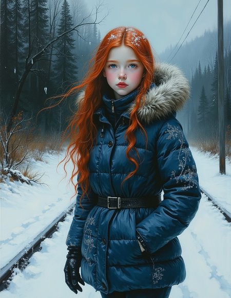 masterpiece, high quality, Oil Painting, Hyper-realistic paint of a young teen elf girl, stands in a snow-covered landscape. Her face is a pale, almost translucent white, with lips painted a vivid red and she has very long red hair. She is dressed in a dark blue puffy modern jacket with intricate silver elven embroidery, paired with well-worn, insulated snow pants and sturdy winter boots. She is walking next to icy railway track below. The faint grooves of the track glisten in the cold twilight, casting long shadows on the surrounding white blanket. In the background, a dark, foreboding forest looms, its tall, skeletal trees silhouetted against a dim, overcast sky. The muted hues of winterâgrays, whites, and deep greensâdominate the scene, with the faintest hint of warm light from the her luminescent blue eyes, giving the image a magical and otherworldly quality.
Shadow and light, Masterpiece, intricate lines, intriguing atmosphere, sharp magnificent details, oil painting, delicate features, elaborate details, (2\3 rule composition:0.5), ultra detailed, romantic, Rembrandt lighting, brush stroke, lovely, del1cate_balance style, novuschroma, in the style of Rembrandt. vantablack <lora:style_of_Rembrandt_FLUX_135:.8> <lora:- Flux1 - vanta_black_V2.0:.3> <lora:Delicate_Balance:.3> <lora:neeeg_f1:-1> <lora:113_novuschromaFLX_1:.2>