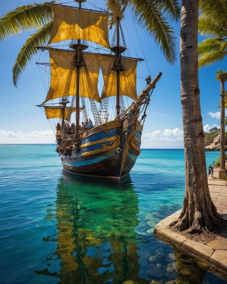 Pirates of the Carribean, water, reflections, transparency, vivid colors, baroque, vivid color, Oz: A land of enchantment, where anything is possible, David Normal,  backlight, <lora:add-detail-xl:1>, <lora:xl_more_art-full_v1:0.8>