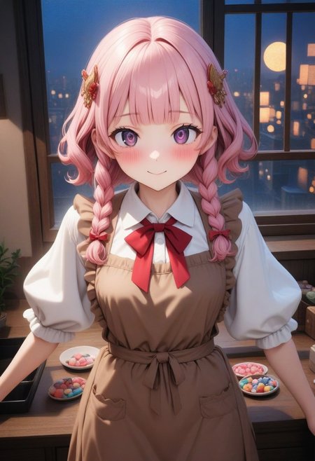 ((masterpiece), (best quality), (ultra-detailed), 
illustration, 3DMM, 
1girl, solo, pink hair, blunt bangs, curly hair, red bowtie , indoor, puffy sleeves,
white shirt, black pants, brown apron, 
 Purple eyes,
Indoor,  more Candy's,
glossy, delicate frame, angelic appearance, 
hair ornament,chiaroscuro shading, perfect body, dim natural light, night, window, soft smile, blushing,
 absurdres, cowboy shot,
   sharped eyes, sharp focus, angelic appearance,  side braids, night, darkness)