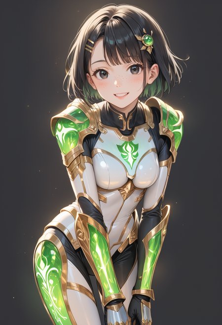 score_9, score_8_up, score_7_up, source_anime, masterpiece, best quality, perfect anatomy, very aesthetic, ((outlined outlined vector graphics)),no norm,
, cute face, (glow eyes:0.8), glittering, glimmering,, black background, cowboy shot, smile,__anlge__,
1girl, solo, 20yo, black hair, black eyes, short bob hair, hair pin,mdeium  breast, slender,(white thigh strap:1.1), bodysuit, glowing, nature, skin tight, freckles,, holy armor,  green  bodysuit,green holy light body, green holy light armor, green holy light, green holy light legs,gold armor , fantasy, walking ,  leaning forward ,  , , <lora:holy-light-armor-01:1>
