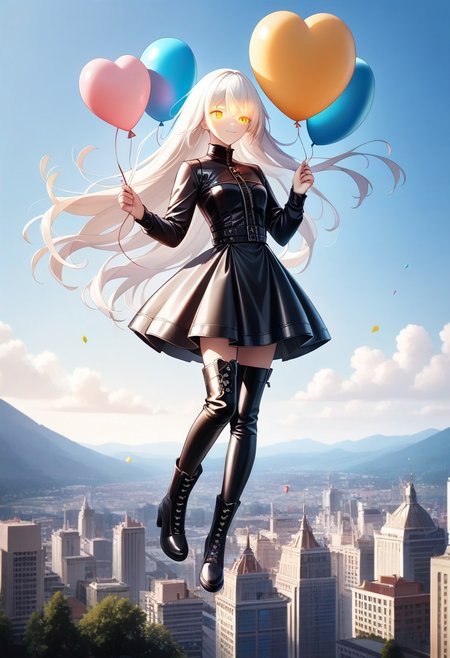 (masterpiece), (score_9, score_8_up, score_7_up,source_anime), best quality, ultra-detailed,24K, illustration, (Uncorrected), CG, 
Latex, girl, 
Multiple balloons, huge balloon, heart-shaped ballon. 
(Girl holding string of balloons, floating, white hair, ultra-long hair, glowing eyes, amber eyes, ultra-detailed eyes:1.2), Chevalier dress, jacket, puntyhose, leather boots, 
in Rooftop of Skyscraper, modern city, Skyscraper,