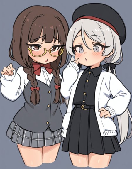 masterpiece, best quality, <lora:style578-a31-000020:1>, 
multiple girls, long hair, 2girls, yellow-framed eyewear, shirt, brown eyes, twintails, , skirt, hat, low twintails, very long hair, holding, long sleeves, pleated skirt, white shirt, beret, glasses, grey hair, bangs, puffy sleeves, ribbon, plaid, black ribbon, bow, hand on hip, adjusting eyewear, collared shirt, black headwear, hair ribbon, dress, brown hair, puffy long sleeves, black skirt, arm up, brown-framed eyewear, dress shirt, cropped legs, parted lips, closed mouth, hair over shoulder, holding book, blush, grey skirt, book, heart, pink-framed eyewear, braid, red bow, plaid skirt, black shirt, tinted eyewear, collared dress, morikubo nono, grey eyes, grey-framed eyewear, sleeves past wrists, white jacket, white-framed eyewear, hand on eyewear, red-framed eyewear, bespectacled, object hug, cardigan, black dress, white hair, open mouth, semi-rimless eyewear