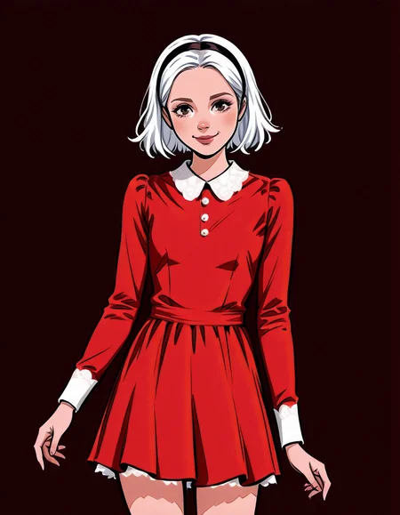 <lora:SabrinaIllustrious1.0JLFO:1> sabrina, solo, 1girl, white hair, hairband, short hair, smile, black hairband, red dress, long sleeves, skirt,looking at viewer, cowboy shot,simple background,