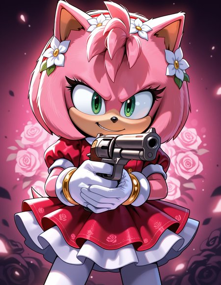 1girl, solo, full body, no humans,
<lora:Movie-Amy:1> movieamy, pink fur, green eyes, animal nose, body fur, hedgehog tail, petite, short legs, short hair, bob cut,
white gloves, fairy tale outfit, velvet dress, puffed sleeves, white pantyhose, floral headpiece,
holding gun, cowboy shot, serious expression, extremely detailed, highres, masterpiece, best quality