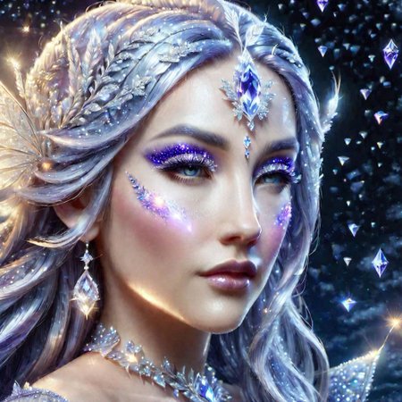 portrait of an epoch elf,  wearing a ((fairy dress, crystalline dress)), she has long glittery silver hair, perfect elven face, symmetrical eyes, fine details best quality, hyperdetailed face, photorealistic, highest quality, best shadow, highly detailed. photography, professional, 4k, 8k HD, professional, purple colors, blue light, blue atmosphere