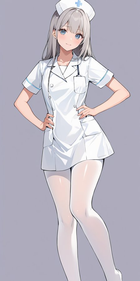 masterpiece,ultra-detailed,best quality,8K,illustration,cute face,clean skin ,shiny hair,girl,ultra-detailed-eyes,simple background, <lora:add-detail-xl:1> <lora:nurse_XL_V1.0:0.8> nurse,  nurse cap,pantyhose