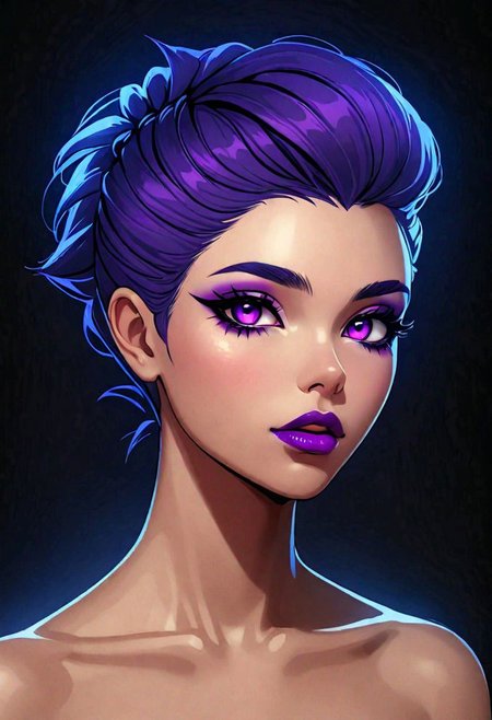 neo noir style portrait of a beautiful woman painted on wall with light, stunning beauty, soft light, pastel colors ,black and purple hair, dark punk, heavy makeup, line art, postmodernism, neo noir,   simple background, glowing lips, lips closed, light smile, masterpiece, natural style,  braided mohawk,, realistic and detailed eyes, beautiful eyes, amazing eyes,kawaii makeup dark makeup, nerd, red glowing lips, bangs,