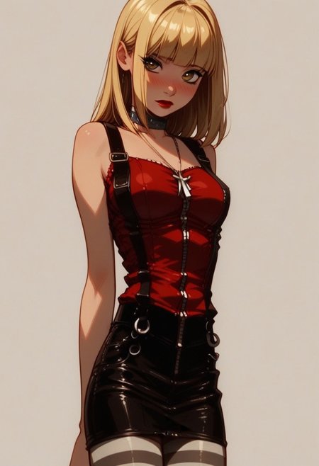 masterpiece,best quality, highly detailed, score_9, score_8_up, score_7_up, score_6_up,source_anime, BREAK, 1girl, misa amane, blonde, blunt bangs, bangs, brown eyes, slim body, perfect body, blush, pose, perfect ratio proportioned face, perfect waist to hip ratio, perfect female body, glossy skin, choker, medium breasts, pencil sirt, striped pantyhose, suspenders, choker, cross collar, zettai ryouiki, lipstick, makeup, zipper, necklace, red shirt, stripped pantyhose, misa_outfit_2