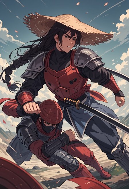 score_9, score_8_up, score_7_up, strawhat, conical hat, 1boy, a heavily armored samurai with shoulder armor and a straw hat, holding a giant katana sword in both hands, ready to fight, asian, long hair, low braid, roninwarriors,  samurai facemask, (monolid:1.3),