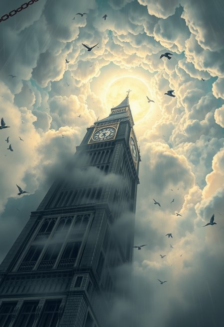 tower that is hanging from the skies, rainy, great reflections, stop motiuon, hanging from a ceiling tower by chains, digital art that is drawn by the award winning painter, chains are totally covered the tower, detailed beautiful calming, from the very below of a huge tower under the busy circular sky and clouds that encircling the tower, the tower itself is very detailed but covered by mist, every floor has windows and balconies that varies from each other. there is a huge clock on the tower, there are crows circling around in the distance, the skies are very detailed, ultra detailed clouds, clouds even at the lower stages of the tower, between the clouds reveals some windows, the painting shows the scale of the tower in full epic majesty, you can barely see the top of the tower because of the stormy clouds, the sunrays trying to pierce the busy skies, storm is brewing. masterpiece art.
