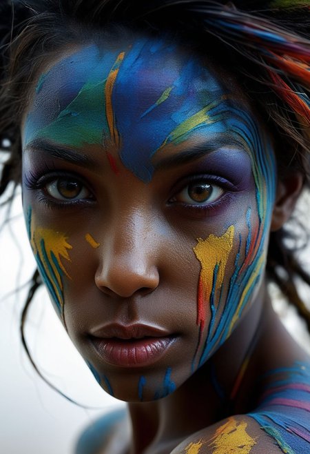 Close-up face, mysterious silhouette of an exotic coloured girl in worn down clothing, colourful war-paint over eyes only, goddess, alluring, by Minjae Lee, Carne Griffiths, Emily Kell, Steve McCurry, Geoffroy Thoorens, Aaron Horkey, Jordan Grimmer, Greg Rutkowski, amazing depth, double exposure, surreal, geometric patterns, intricately detailed, bokeh,  perfect balanced, deep fine borders, artistic photorealism , smooth,  great masterwork by Suiras  <lora:add-detail-xl:2>  <lora:Double_Exposure:0.5>