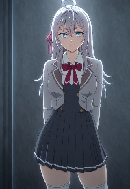 detailed, sinfully stylish, dramatic lighting, long shadows, soft light, contrapposto, anime, 1girl, solo, blue eyes, grey hair, ahoge, school uniform, dark grey pleated dress, grey jacket, white thighhighs, hair ribbon, staring at viewer, smiling, wide hips, standing