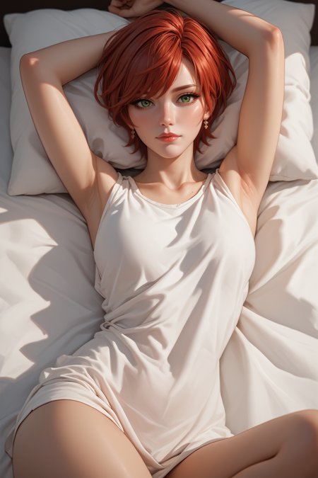 score_9, score_8_up, score_7_up,
<lora:W3Shani:0.9>
W3Shani, 1girl, short hair, red hair, green eyes, looking at viewer, looking at viewer, laying back, on bed, arms up
