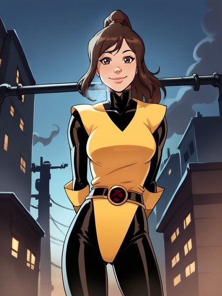 score_9, score_8_up, score_7_up, 1girl, arms behind back, sexy, dynamic pose, smile, cute pose, solo, detailed background, looking at viewer, wide shot, cowboy shot, (v:1.1), night, city, industrial pipe, smoke around, from below,
<lora:KittyPryde_character:0.8>, KittyPryde, brown hair, long hair, brown eyes, ponytail, makeup, yellow bodysuit, black legs, belt, yellow gloves, cartoon,  <lora:4v4t4rXLP:0.8> 4v4t4r,