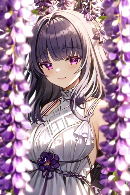 <lora:silenceGirlStyleLora2D_silencegirlV2:1>, 1girl, lavender hair, magenta eyes, upper body, white dress, wisteria flowers, upper body, smiling
