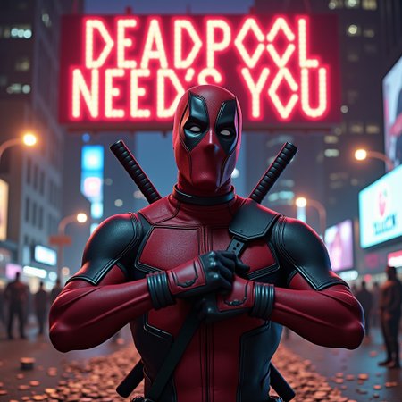 A dynamic scene featuring Deadpool in a chaotic, neon-lit cityscape at night. Deadpool stands in the center, striking a heroic pose with his signature katanas crossed over his chest, his iconic red and black suit gleaming under the vibrant lights.Wolverine in behind with anger face, the ground is littered with bronce coins, each stamped with a lightning bolt symbol. Above his head, a large, glowing billboard displays the bold, flashing words "DEADPOOL NEED´S YOU" in electric red letters. The background is filled with towering skyscrapers, billboards, and holographic ads, all reflecting the urgency of the moment. Deadpool's expression is intense yet playful, with his eyes narrowed and a mischievous grin visible beneath his mask, embodying the desperate yet exhilarating need for Buzz.