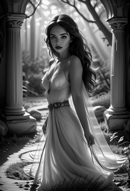 Artistic lights and shadows design, a photograph of brunette belle posing in a fantastical landscape. Belle. Contemporary artistic photography. Black and white grainy photograph, sharp focus, depth of field. Beautiful light. Experiment with different camera angles. Shot on a Hasselblad medium format camera 85mm f 2.0. Black and white. Realistic film grain. Experiment with different fantastical settings and camera angles. --ar 4:5 --v 6