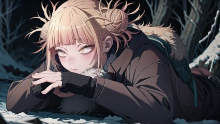 1girl, (snowstorm:1.2),  (dark forest:1.2), snow,  <lora:TogaHimikoLoRA:1>, snow falling, winter, night, dark, amazing background, blond hair, stands in the center, Best Shadows, Shallow Depth of Field,Beautiful eyes, detailed eyes, red winter jacket, black backpack warmly dressed, without a hat, (perfect hands:1.2), night, dark, (Solo:1.3), (realistic:1.3), epic realistic, detailed, 4k,  <lora:Bloodstainai:0.8>,  <lora:LowRA:1.0>, <lora:GoodHands-vanilla:1>