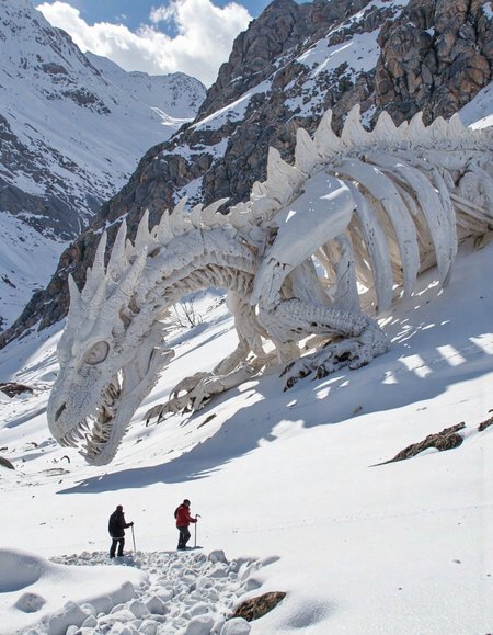 Photograph ,glow, A colossal, skeletal dragon, bleached white by the elements, sprawls across a snow-laden mountain pass. Hyper realistic detail in a muted palette of icy blues and greys, the behemoth's skeletal structure, reminiscent of gothic cathedrals, should be awe-inspiring and dreadful. Two diminutive figures, clad in furs, traverse the snowdrift below, dwarfed by the sheer magnitude of the fallen titan. Employ a wide-angle lens, capturing the vastness of the wintry panorama with its cerulean sky and distant peaks. Focus on the juxtaposition of the minute figures against the colossal dragon, emphasizing the ephemeral nature of life against the backdrop of time. Light streams through the skeletal ribcage, casting long shadows across the snowdrifts. Enhance the scene with a palpable sense of desolation and wonder, as if the very air whispers tales of ancient battles and fallen gods.