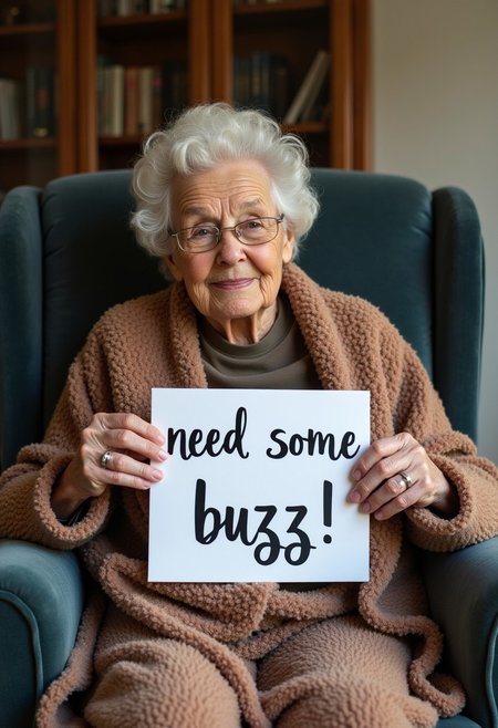 grandma sat on a chair,blanket, holding a sign say "need some buzz"