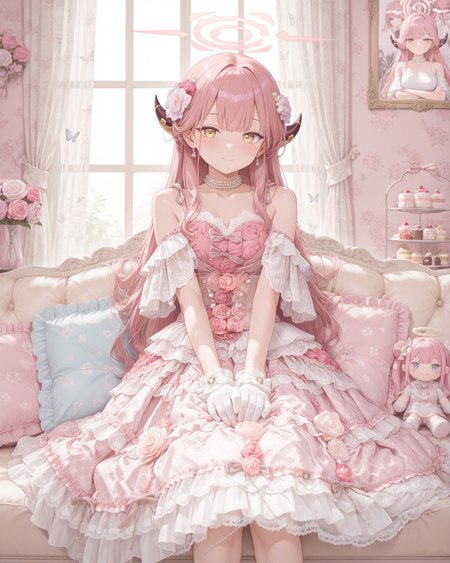 Positive: Masterpiece, best quality, amazing quality, very aesthetic, high resolution, ultra-detailed, absurdres,
1girl, solo,  
zzAru, yellow eyes, pink hair, long hair, demon horns, halo,
tiered,lace,frills,bare shoulders,pink flower,rose,frilled dress,bow,jewelry,
lace gloves,white gloves,
choker,pearl necklace,
hair flower,hair ornament,
pastel colors, floral patterns, soft lighting, cozy bedding, butterfly decorations, dreamy curtains, plush toys, warm sunlight, romantic posters, comfortable cushions，
standing,cowboy_shot,sitting, 
