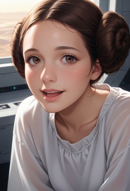 score_9, score_8_up, score_7_up, source_anime,high quality, highly detailed, flat illustration, rim lighting,
masterpiece, realistic, best quality, highly detailed, 
 1girl, (very aesthetic:1), (close-up:1.3),
princessleia, 1girl, solo, brown hair, hair buns, brown eyes,
sitting in a captains chair in a spaceship,
head tilt, loose blouse, leaning forward , small hanging breasts, chatty, open mouth, talking, laughing, from side, from above