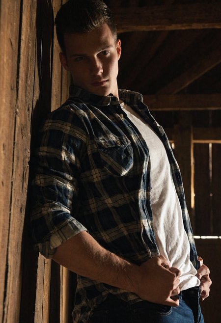 mdjperson <lora:mdj_sdxl_v1-000008:0.8> posing confidently against a wall in a rustic barn, direct gaze, beams of light filtering through wooden slats, wearing an open plaid flannel shirt over a fitted white tee, dark jeans, warm natural lighting, moody shadows, cinematic vibe, shallow depth of field, shot on DSLR, sharp focus, realistic textures, editorial photo style