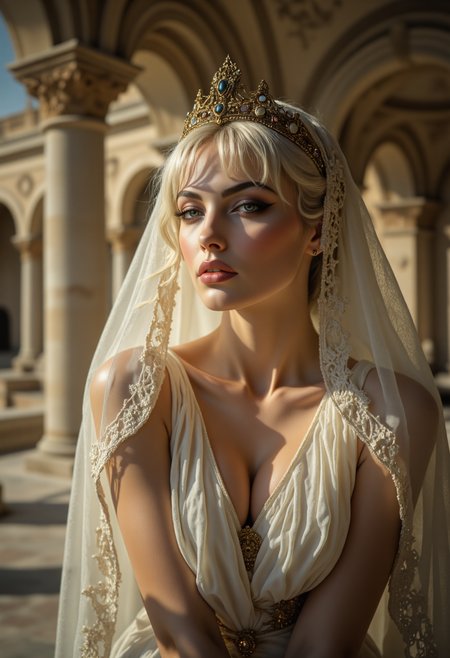 style of Rembrandt , A stunning and ethereal depiction of a beautiful ancient greek princess, . 19yo, Her pale, white arms and long, graceful neck exude elegance, and her ankles are perfectly shaped, giving her an otherworldly, timeless beauty. Her braided hair cascades down to her knees, flowing gently as if moved by a soft breeze, bound at the back by a delicate hair band. Her lips are slightly parted, full and shaped like flower petals, as though she is about to speak, and her radiant, graceful smile captivates any onlooker. Her eyes flash with intensity, framed by perfectly arched brows, and her entire body is adorned with a delicate garment that clings to her form, lighter than spider webs. A delicate golden diadem encrusted with precious stones glimmers on her forehead, and her veil and gown shimmer with the moistness of the morning dew. In the background, ancient triremes with billowing sails gather in a harbor, subtly visible beyond the courtyard's marble columns, symbolizing the epic scale of her influence. The distant sea reflects the soft glow of the setting sun, with fiery hues representing the spark of war she ignited. Her aura radiates irresistible allure, as though anointed with the essence of love and destiny. The entire scene is bathed in soft sunlight, casting a divine glow on her immortal figure, blending the boundaries of myth and reality in a moment of eternal beauty and power beauty, unique, vibrant .
<lora:Mystic_Vogue_80s__Occult_Pop:0.8> <lora:aidmaFluxProUltra:0.6> aidmafluxproultra   <lora:aidmaImageUpraderv0.3:0.4> aidmaimageupgrader
