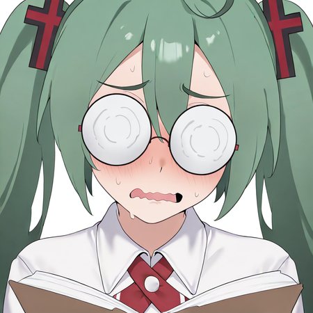 <lora:fujoshimiku-il:1>, fujoshimiku, fujoshimiku, green hair, twintails, opaque glasses, coke-bottle glasses, white shirt, red ribbon, portrait, surprised, embarrassed, 1girl, solo, reading, <lora:daroon5IL:0.9>, daroon5,, masterpiece,best quality,absurdres,highres,