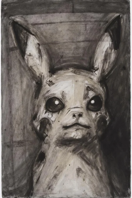 fraauer1 painting. A charcoal drawing on paper, featuring a stylized, abstracted portrait of a Pikachu, with pronounced, angular features. The drawing is rendered in shades of dark gray and black, giving it a somber, almost ominous tone. Pikachu's face is depicted in a fragmented, almost Cubist style, with various parts of the face overlapping and intersecting in a chaotic, yet somewhat symmetrical manner. <lora:fraauer1_cap_d6a3:1.0><lora:811780567625543106:0>
