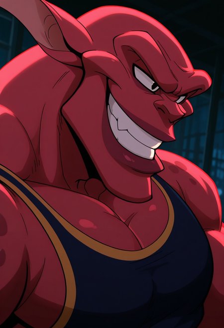 NawtSJ, solo, red skin, perfect eyes, grin, black eyes, muscular, toned male, manly, pectorals, dynamic angle, face focus, portrait, tank top, unparalleled masterpiece, best quality, amazing quality, highres, depth of field, extremely-detailed, detailed background, detailed skin, detailed muscles, cinematic lighting, side angle