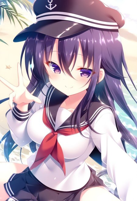 score_9,score_8_up,score_7_up,source_anime,anime, BREAK, 
mitsumomo style, 
(cute),1girl, akatsuki, (medium breasts), purple hair, long hair, hair between eyes, purple eyes, 
serafuku, black flat cap, black sailor collar, black mini skirt, long sleeves, neckerchief, sailor collar, 
smile, cheerful, half closed eyes, 
any pose, 
outdoors, shiny light, beach,