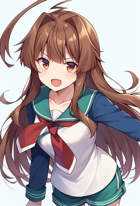 score_9, score_8, score_7, source_anime, kuma (kancolle), fang, shirt, collarbone, cowboy shot, neckerchief, shorts, :d, long sleeves, red neckerchief