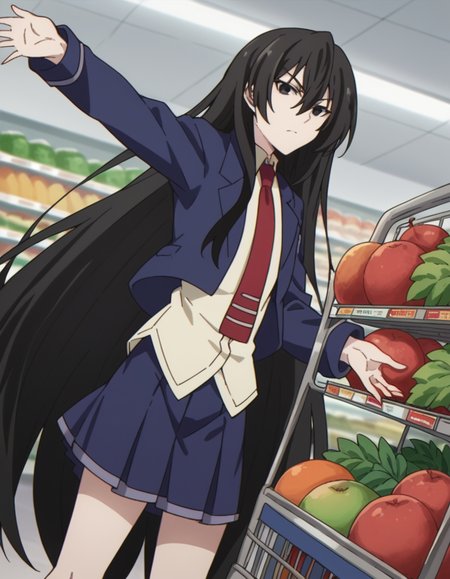 score_9, score_8_up, score_7_up, source_anime, <lora:kirukiru-amou-s1-ponyxl-lora-nochekaiser:1>, kirukiru amou, long hair, black hair, very long hair, black eyes, hair between eyes,, skirt, school uniform, jacket, necktie, blue skirt, blazer, red necktie,, grocery store, shopping cart, picking fruits, everyday life, , , looking at viewer, hand reaching forward, knee up, arm down, solo,, cowboy shot, dutch angle