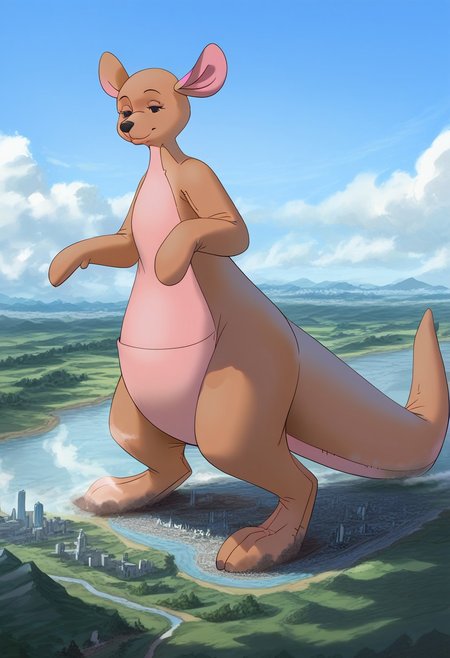 Safe_pos, score_9, score_8_up, score_7_up, detailed face, best quality, 1girl, solo, masterpiece, detailed background, beautiful, detailed eyes, mature female, giantess, macro
side view, lien,
1girl, furry female, solo, WtPKangav2, semi-anthro, female, kangaroo, brown fur, black eyes kangaroo paws, three toes, kangaroo tail,  living plushie, animate inanimate. seams, full body view,
standing, seductive pose, light smile, narrowed eyes, expansion,
long river, skyline, cityscape, destroyed cityscape,  earthquake, steam, fog, craters