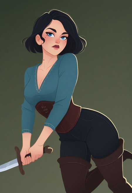 MSMLN, 1girl, solo, holding, black hair, mole, blue eyes, weapon, corset, dual wielding, pants, knife, shirt, breasts, holding weapon, thigh boots, simple background, holding knife, dagger, short hair, looking at viewer, boots, black pants, v-neck,, masterwork, masterpiece, best quality, dynamic lighting , dynamic pose,,  dynamic angle, , , (realistic:1.2), (lineless:1.2), detailed, <lora:Detailer_NoobAI_Incrs_v1:0.5>, , aged up, adult, depth of field, dynamic lighting, blurry, cheekbones,