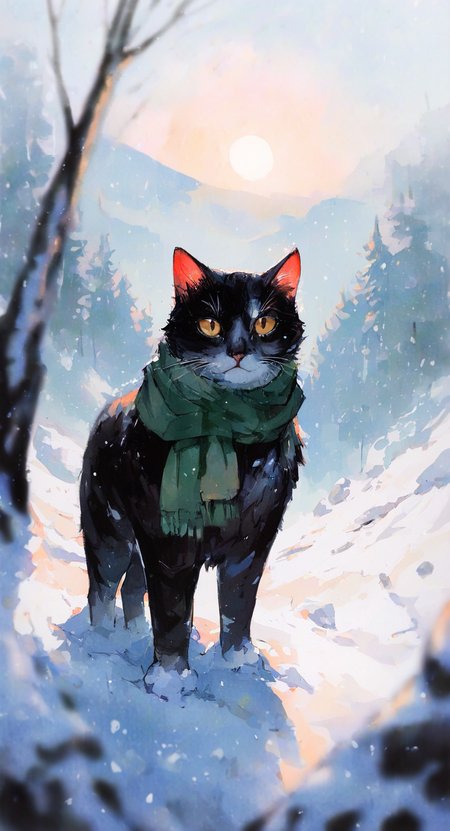 masterpiece, best quality, good quality, very aesthetic, absurdres, newest,  solo, looking at viewer, standing, outdoors, sky, scarf, tree, no humans, cat, snow, snowing, sun, winter, whiskers, green scarf, Depth Of Field, Atmospheric Perspective,Wide Shot, Watercolor <lora:ponyv5_noobV065S_1_adamW-000013:0.75> <lora:ILwatercolor:0.6> <lora:96YOTTEA-WAI:0.8>