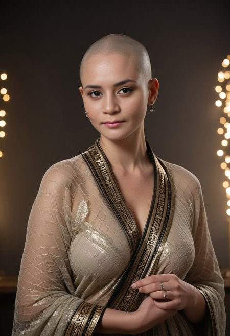 score_9_up, score_8_up, score_7_up, highres photo, of a beautiful sexy woman, 30_year_old_indian_woman, gorgeous,wear a "dohru," a woolen shawl-like garment wrapped around the body, often in darker shades with an embroidered border. A colorful shawl might also be draped over her shoulders. Her attire is well-suited to the region's cooler climate. Silver jewelry, especially during festive occasions, can be a significant part of her adornment. It is time for Mundan ritual, and she has shaved her head bald and smooth. While modern influences are present, traditional clothing holds cultural significance and is often worn with pride, real life photo, bokeh, Stable_Yogis_PDXL_Positives