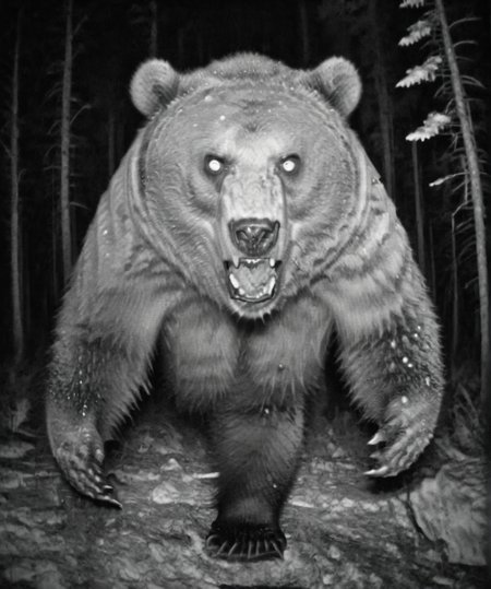 Camera trap, monochrome, The angry bear is yelling, horror   <lora:Camera trap:1>