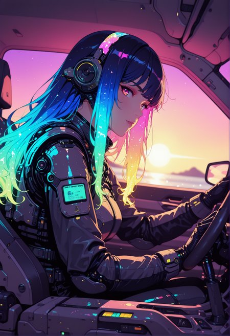 <lora:ck-shadow-circuit-IL:0.78>,
masterpiece, best quality, good quality, very aesthetic, absurdres, newest, 8K, depth of field, focused subject, 
dynamic angle, almost side view, wabi sabi, 1girl, holographic, holofoil glitter, faint, glowing, ethereal, neon hair, glowing hair, long hair, looking at viewer, driving, sci-fi, into sunset, coastline
<lora:MoriiMee_Gothic_Niji_Style_Illustrious_r1:0.45>
<lora:ck-nc-cyberpunk-IL-000011:0.4>
<lora:ck-neon-retrowave-IL:0.8>