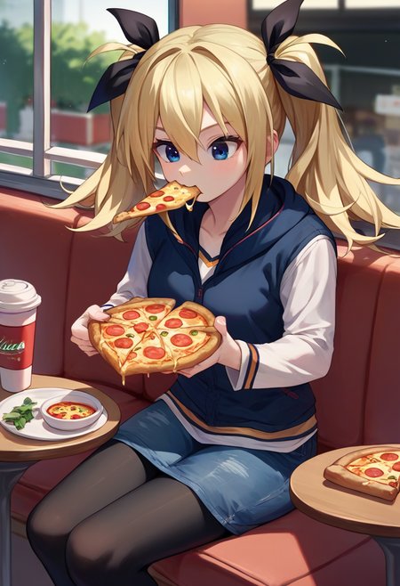 score_9, score_8_up, score_7_up, source_anime, 1girl,   <lora:ArimuraCAME-000008:1>, HinaCasual, blue eyes, blonde hair, twintails, black  hair ribbon, black hooded jacket, denim shorts, pantyhose,white sleeves, cafe, sitting, eating pizza,