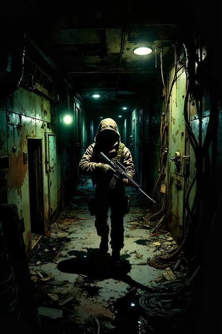 A dimly lit corridor stretches deep into the heart of an abandoned spacecraft. Rusted metal panels line the walls, with old cables hanging down like vines. Small emergency lights cast a sickly green glow, revealing puddles of an unknown black liquid pooling in the corners. At the far end, a figure in worn-out tactical gear cautiously steps forward, their rifle aimed ahead. The air is thick with tension, and the faint sound of dripping water echoes through the silence. Shadows move unnaturally, as if something is lurking just out of sight, waiting in the darkness.<lora:Vintage comic book:1.5>