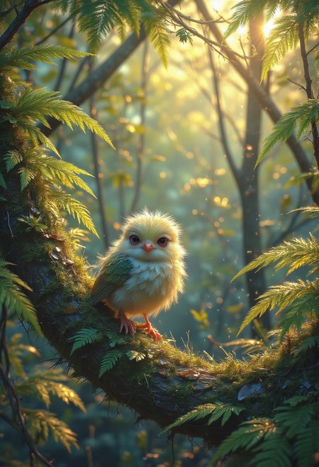 a tranquil woodland grove, untouched by the ravages of time. Here, shafts of golden radiance pierce the verdant canopy above, casting pools of warmth upon the loamy soil below. Fern fronds sway gently in the balmy zephyr, their emerald foliage whispering tales of ages past.
Amidst this sylvan idyll perches a diminutive avian marvel - a sprite of plumage and song. Soft, downy feathers of palest ivory and sage adorn its rotund frame, blending harmoniously with the moss-draped bough upon which it rests. Large, limpid eyes of deepest amethyst gaze out at the world with a childlike mixture of innocence and intrigue.
This tiny treasure seems almost too perfect to exist outside the pages of myth and legend.
impressionist painting, loose brushwork, vibrant color, light and shadow play, captures feeling over form, surreal, digital artwork, 
beautiful, painterly, detailed, textural, artistic, aesthetic, intricate details, highly detailed, vivid, vibrant, volumetric lighting, 
aidmaMJ6.1