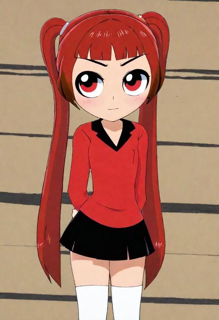 masterpiece, best quality, a girl, ppg, powerpuff girl style, ami arakawa,red eyes,red shirt, long hair, hands in front