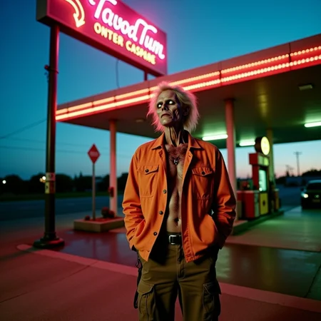 analog film photo Half-body portrait, overgrown highway gas station at dusk: A male zombie leans against a gas pump, wearing a faded orange jacket and cargo pants. One hand is jammed in his pocket; the other hangs loosely, fingers curled and dry. His jaw is misaligned slightly, but his face is expressionless, almost relaxed. His sclera eyes are completely white, (white eyes) with small scratches in the corneas. Shot with a Mamiya 7 and 80mm lens, film: CineStill 800T, with lighting from flickering gas station signs and a dying sunset behind the station canopy. Rusted signage glows in neon pink and green. His skin shows ageâdehydrated lips, cracked eyebrows, shallow peeling on the forehead, one tear-shaped blood streak dried down the cheek. It's hauntingâbut poetic. <lora:undead denizens v2.2:1> . faded film, desaturated, 35mm photo, grainy, vignette, vintage, Kodachrome, Lomography, stained, highly detailed, found footage
